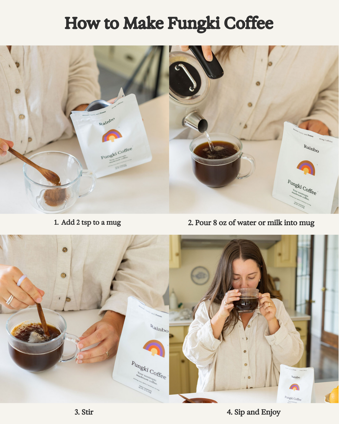 Step-by-step guide on how to make Fungki Coffee with images of the process.