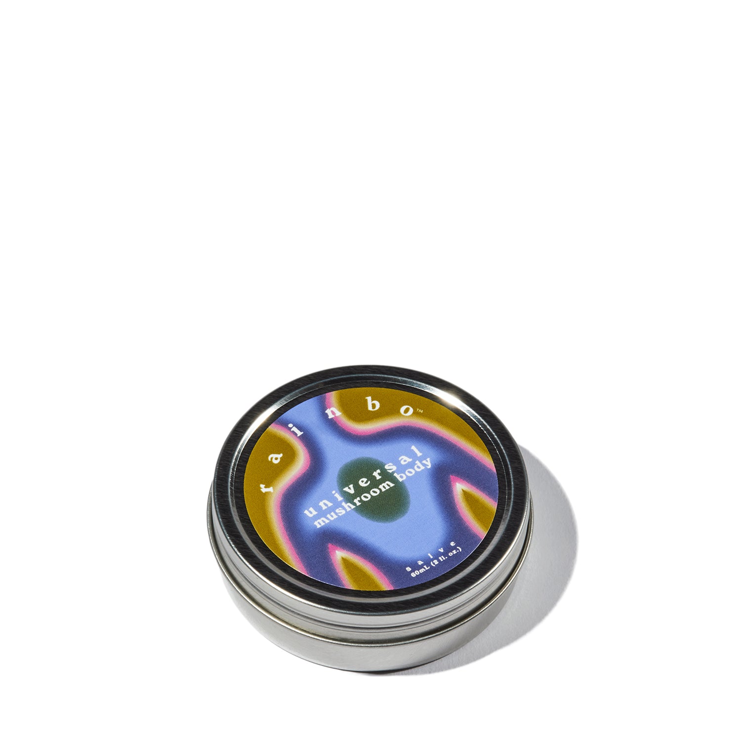 silver circular tin with colorful label that reads 'universal mushroom body'. a healing ointment and salve from rainbo.