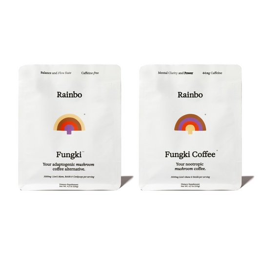 Two Rainbo Fungki coffee packages on a white background