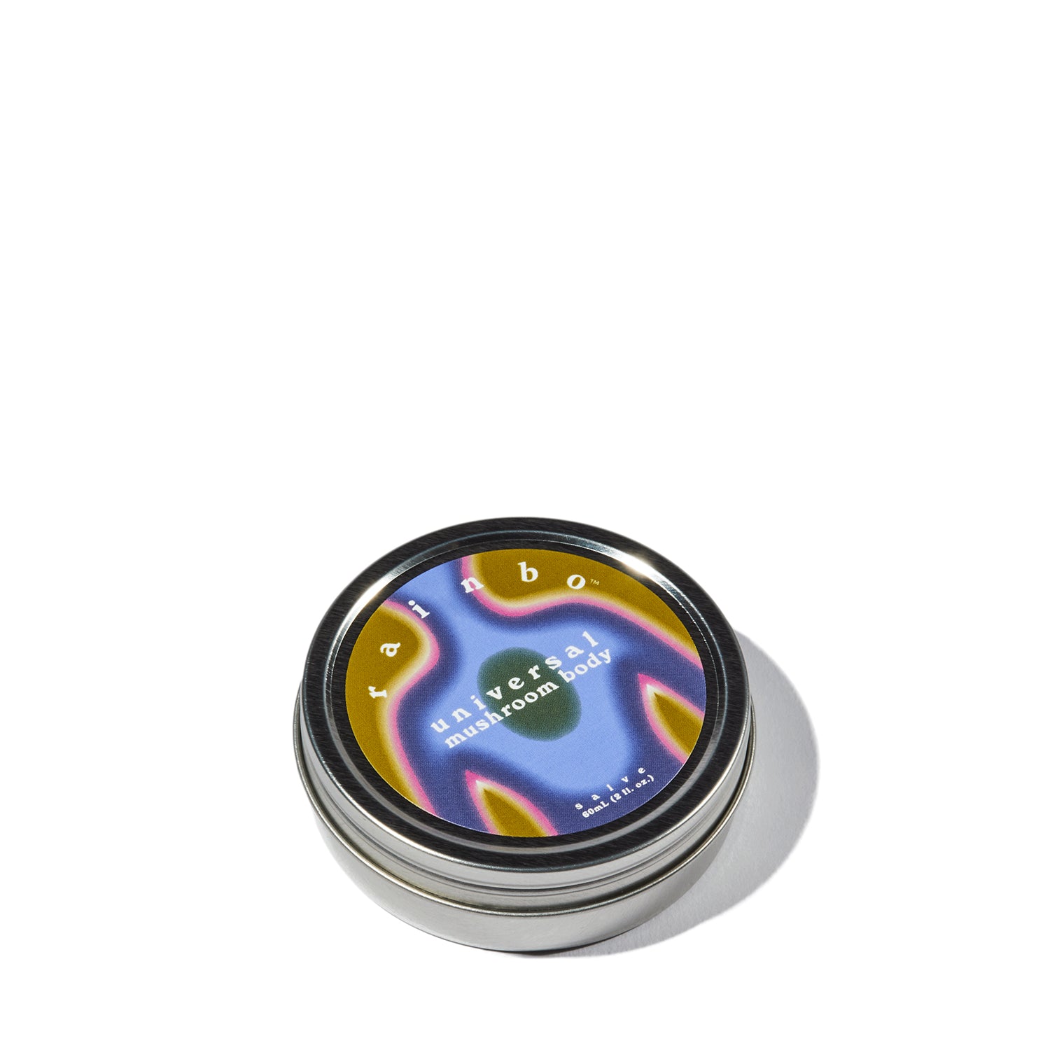 silver circular tin with colorful label that reads 'universal mushroom body'. a healing ointment and salve from rainbo.
